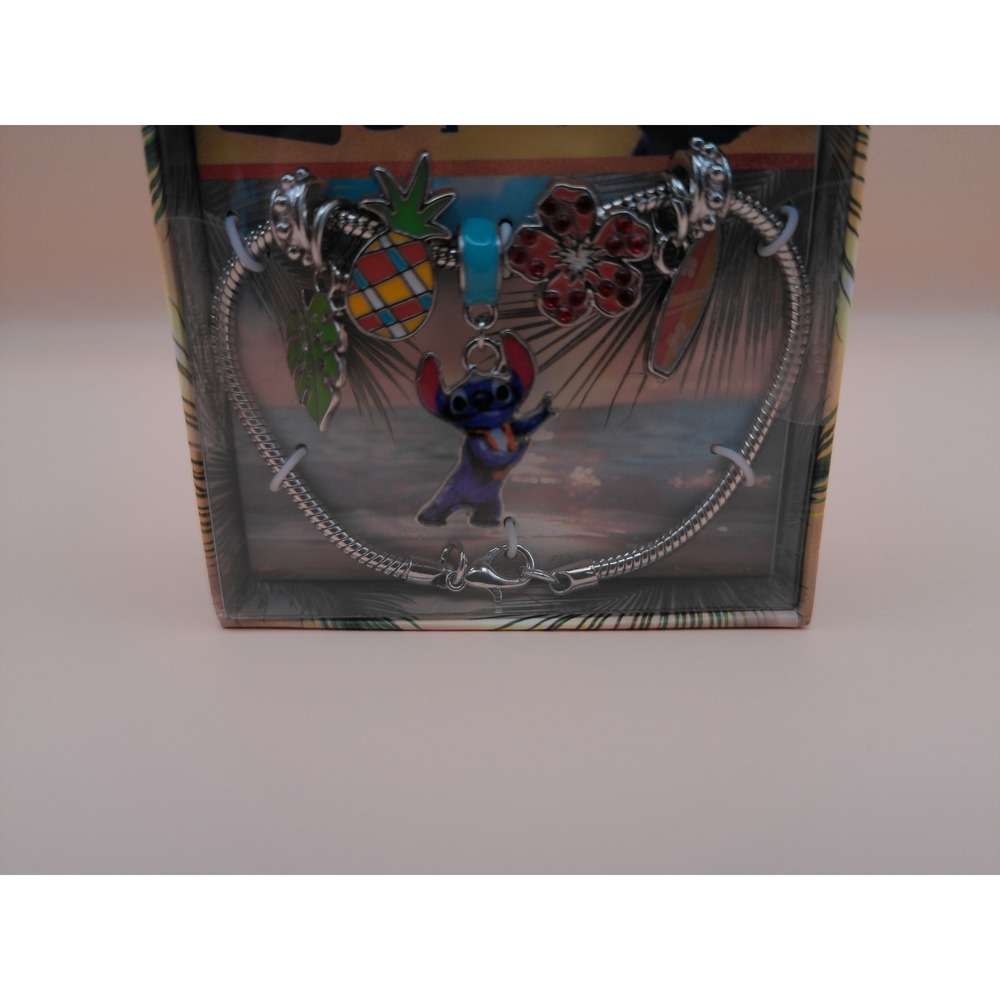 Disney Womens Lilo Stitch Live Action Silver Tone Tropical Charm Bracelet NIB